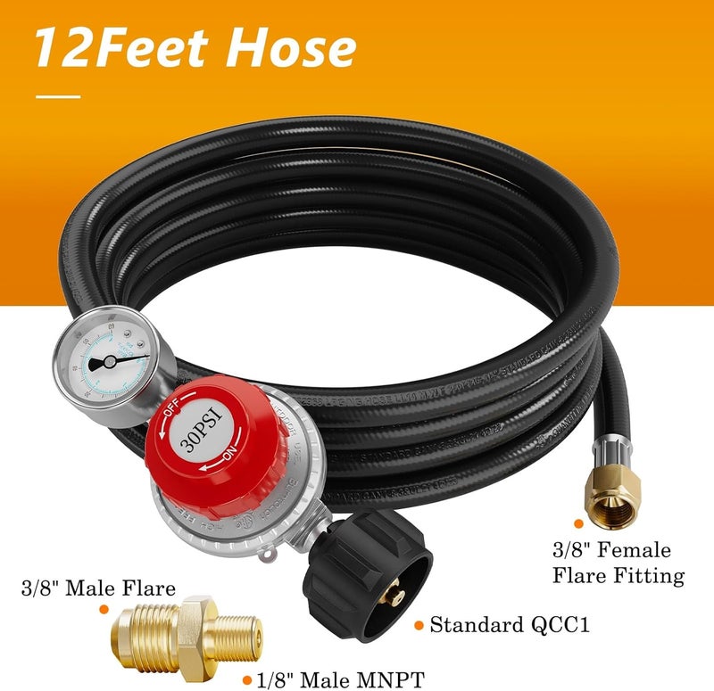 NUPICK 12FT 0-30 PSI Adjustable High Pressure Propane Regulator with 60PSI Gauge Gas Flow Indicator，Propane Regulator with Hose for LP Gas Cooker, Burner, Turkey Fryer, Smoker - Image 2